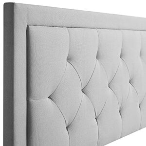 LUCID Queen Bed Frame with Diamond Tufted Upholstered Headboard – Queen Size Platform Bed Frame – Removeable Wood Slats – No Box Spring Needed – Easy Assembly – Stone