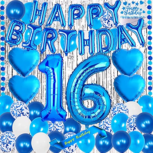 yujiaonly 16TH Birthday Party Decorations Blue Happy Birthday Foil Balloons Blue Number 16 Happy birthday Sash Cake Topper Latex and Confetti Balloons Blue original garland Banner Number 16 Blue