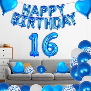 yujiaonly 16TH Birthday Party Decorations Blue Happy Birthday Foil Balloons Blue Number 16 Happy birthday Sash Cake Topper Latex and Confetti Balloons Blue original garland Banner Number 16 Blue