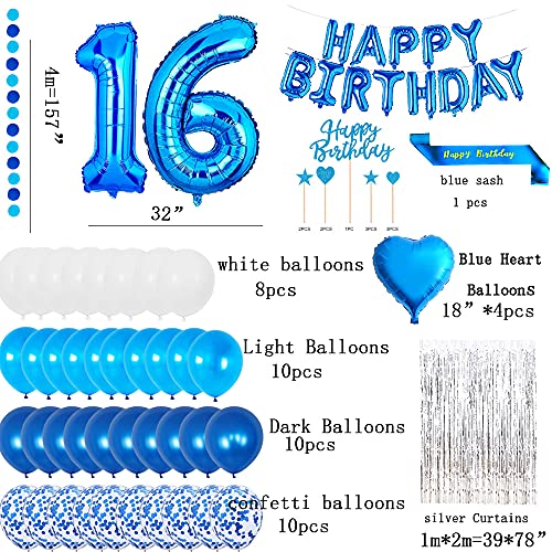 yujiaonly 16TH Birthday Party Decorations Blue Happy Birthday Foil Balloons Blue Number 16 Happy birthday Sash Cake Topper Latex and Confetti Balloons Blue original garland Banner Number 16 Blue