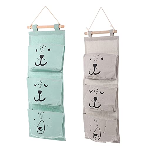 TOYANDONA Grey Wall Hanging Storage Bag Linen Farbric Over The Door Organizer Hanging Storage Pouches with 3 Pockets for Bedroom Bathroom Closet Green/ 2pcs