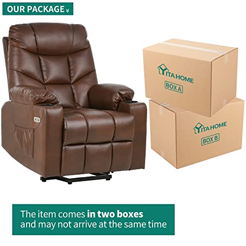 YITAHOME Electric Power Lift Recliner Chair for Elderly, Leather Recliner Chair with Massage and Heat, Spacious Seat, USB Ports, Cup Holders, Side Pockets, Remote Control (Brown)