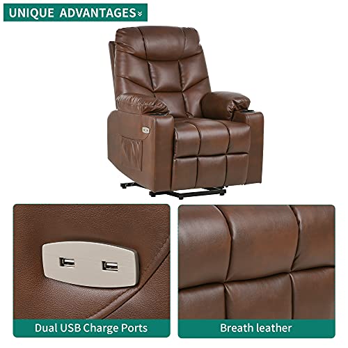 YITAHOME Electric Power Lift Recliner Chair for Elderly, Leather Recliner Chair with Massage and Heat, Spacious Seat, USB Ports, Cup Holders, Side Pockets, Remote Control (Brown)