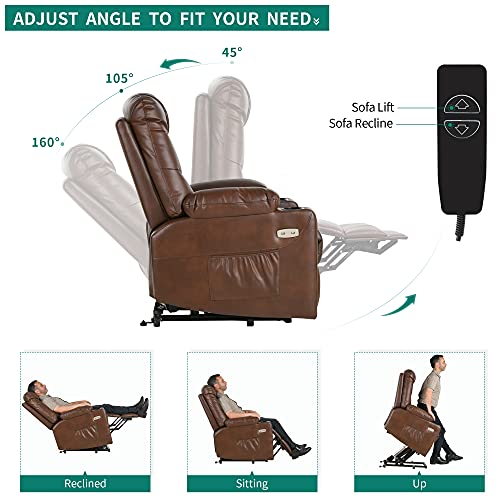 YITAHOME Electric Power Lift Recliner Chair for Elderly, Leather Recliner Chair with Massage and Heat, Spacious Seat, USB Ports, Cup Holders, Side Pockets, Remote Control (Brown)