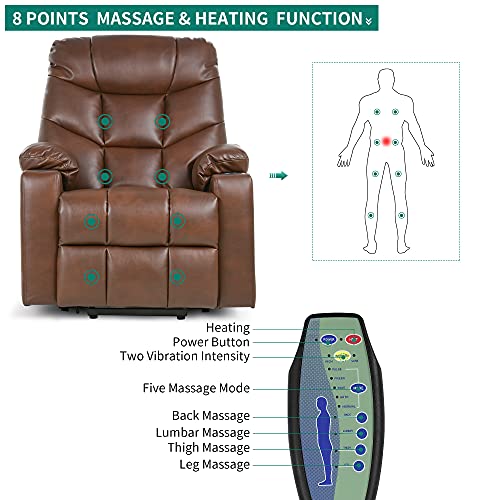 YITAHOME Electric Power Lift Recliner Chair for Elderly, Leather Recliner Chair with Massage and Heat, Spacious Seat, USB Ports, Cup Holders, Side Pockets, Remote Control (Brown)