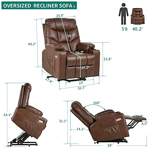 YITAHOME Electric Power Lift Recliner Chair for Elderly, Leather Recliner Chair with Massage and Heat, Spacious Seat, USB Ports, Cup Holders, Side Pockets, Remote Control (Brown)