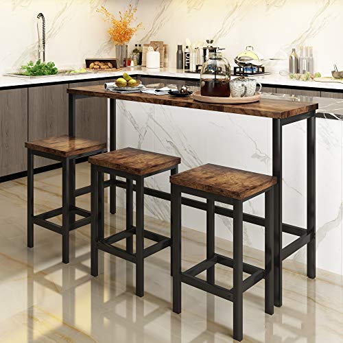 Merax 4-Piece Counter Height Extra Long Dining Table Set with 3 Stools and Side Table with Footrest Pub Kitchen Set (Brown)