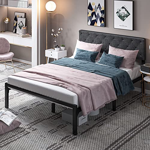 YITAHOME Queen Bed Frame with Upholstered Headboard, Platform Bed Frame with Metal Slats, Diamond Stitched Square Headboard, Adjustable Height, No Box Spring Needed (Queen)