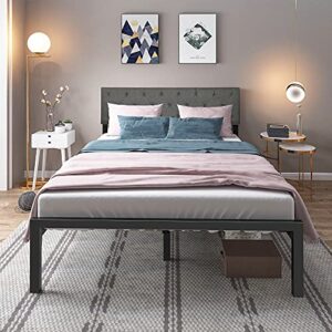 YITAHOME Queen Bed Frame with Upholstered Headboard, Platform Bed Frame with Metal Slats, Diamond Stitched Square Headboard, Adjustable Height, No Box Spring Needed (Queen)