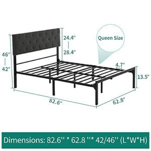 YITAHOME Queen Bed Frame with Upholstered Headboard, Platform Bed Frame with Metal Slats, Diamond Stitched Square Headboard, Adjustable Height, No Box Spring Needed (Queen)