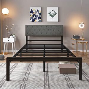 YITAHOME Queen Bed Frame with Upholstered Headboard, Platform Bed Frame with Metal Slats, Diamond Stitched Square Headboard, Adjustable Height, No Box Spring Needed (Queen)