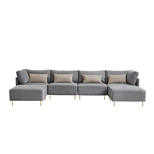 Familymill 143'' U-Shaped Convertible Linen Sectional Sofa Living Room Sofa Couch with 2 Ottomans, Grey