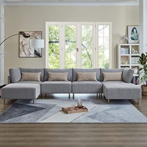 Familymill 143'' U-Shaped Convertible Linen Sectional Sofa Living Room Sofa Couch with 2 Ottomans, Grey