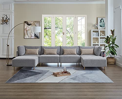 Familymill 143'' U-Shaped Convertible Linen Sectional Sofa Living Room Sofa Couch with 2 Ottomans, Grey