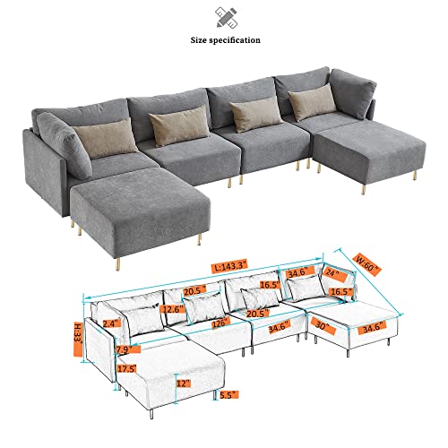 Familymill 143'' U-Shaped Convertible Linen Sectional Sofa Living Room Sofa Couch with 2 Ottomans, Grey