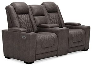 signature design by ashley hyllmont power reclining loveseat with center console, weathered gray