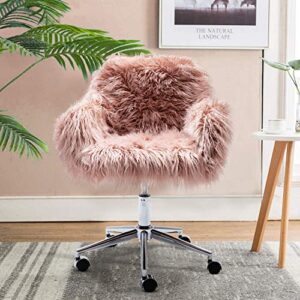 dklgg fluffy office desk chair, faux fur modern desk chairs with wheels upholstered seat, vanity accent height adjustable swivel furniture for home living dressing room/makeup/teen girls bedroom, pink