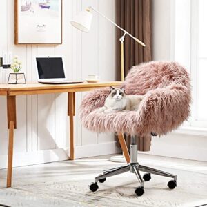 DKLGG Fluffy Office Desk Chair, Faux Fur Modern Desk Chairs with Wheels Upholstered Seat, Vanity Accent Height Adjustable Swivel Furniture for Home Living Dressing Room/Makeup/Teen Girls Bedroom, Pink