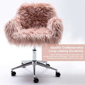 DKLGG Fluffy Office Desk Chair, Faux Fur Modern Desk Chairs with Wheels Upholstered Seat, Vanity Accent Height Adjustable Swivel Furniture for Home Living Dressing Room/Makeup/Teen Girls Bedroom, Pink