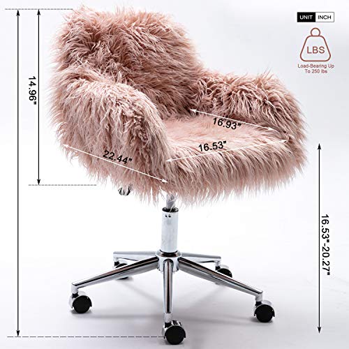 DKLGG Fluffy Office Desk Chair, Faux Fur Modern Desk Chairs with Wheels Upholstered Seat, Vanity Accent Height Adjustable Swivel Furniture for Home Living Dressing Room/Makeup/Teen Girls Bedroom, Pink