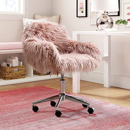 DKLGG Fluffy Office Desk Chair, Faux Fur Modern Desk Chairs with Wheels Upholstered Seat, Vanity Accent Height Adjustable Swivel Furniture for Home Living Dressing Room/Makeup/Teen Girls Bedroom, Pink