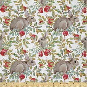 ambesonne bunny fabric by the yard, easter pattern of dog rose and rabbits, microfiber fabric for arts and crafts textiles & decor, 1 yard, warm taupe