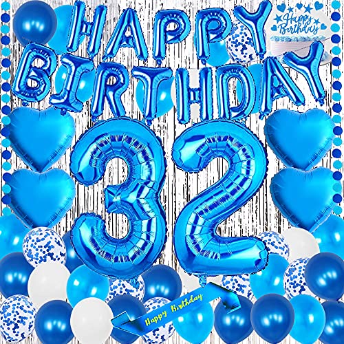 yujiaonly 32ND Birthday Party Decorations Blue Happy Birthday Foil Balloons Blue Number 32 Happy birthday Sash Cake Topper Latex and Confetti Balloons original garland Banner Number 32 (762917940014)