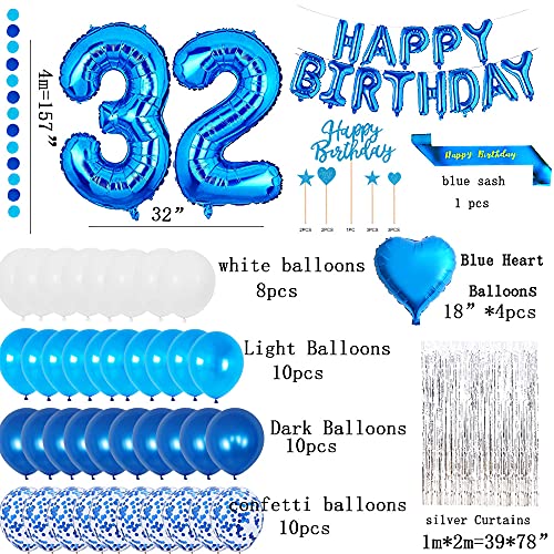 yujiaonly 32ND Birthday Party Decorations Blue Happy Birthday Foil Balloons Blue Number 32 Happy birthday Sash Cake Topper Latex and Confetti Balloons original garland Banner Number 32 (762917940014)