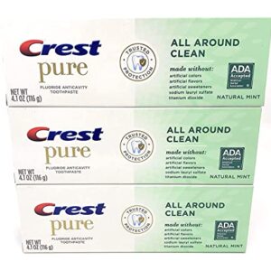 Crest Pure All Around Clean Fluoride Anticavity Toothpaste, Made Without Artificial Colors, Flavors, or Sweeteners - Natural Mint 4.1 oz (Pack of 3)