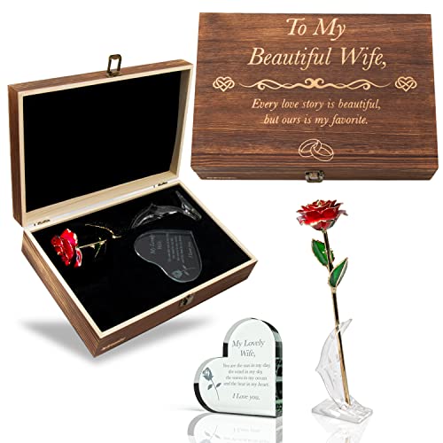 GreenCor Anniversary for Wife | Her | Women Engraved Wooden Gift Set 'to My Beautiful Wife' Includes Crystal Engraved Heart | 24K Gold Dipped Rose for Birthday Gifts & Valentines Day