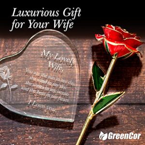 GreenCor Anniversary for Wife | Her | Women Engraved Wooden Gift Set 'to My Beautiful Wife' Includes Crystal Engraved Heart | 24K Gold Dipped Rose for Birthday Gifts & Valentines Day