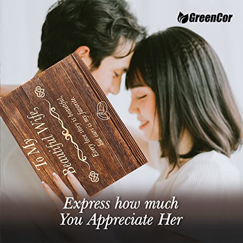 GreenCor Anniversary for Wife | Her | Women Engraved Wooden Gift Set 'to My Beautiful Wife' Includes Crystal Engraved Heart | 24K Gold Dipped Rose for Birthday Gifts & Valentines Day