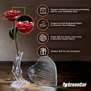 GreenCor Anniversary for Wife | Her | Women Engraved Wooden Gift Set 'to My Beautiful Wife' Includes Crystal Engraved Heart | 24K Gold Dipped Rose for Birthday Gifts & Valentines Day