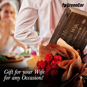 GreenCor Anniversary for Wife | Her | Women Engraved Wooden Gift Set 'to My Beautiful Wife' Includes Crystal Engraved Heart | 24K Gold Dipped Rose for Birthday Gifts & Valentines Day