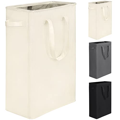 YIFAMIJOY 45L Slim Laundry Hamper, Collapsible Thin laundry Baskets with Handles, Narrow Dirty Clothes Hamper for Clothing Toys Organization Beige, 45L