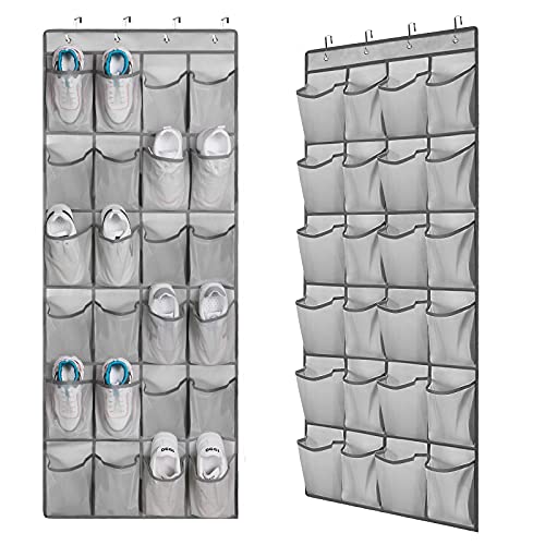 Felibeaco 2 Pack Over The Door Shoes Organizers, Behind Door Shoes Hang Holder Rack with 48 Mesh Large Pockets, Clear Fabric Shoes Hanger Storage Organizer Bag for Bedroom,Pantry,Dorm,Gray