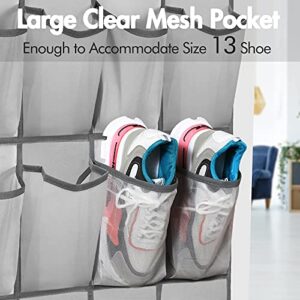 Felibeaco 2 Pack Over The Door Shoes Organizers, Behind Door Shoes Hang Holder Rack with 48 Mesh Large Pockets, Clear Fabric Shoes Hanger Storage Organizer Bag for Bedroom,Pantry,Dorm,Gray