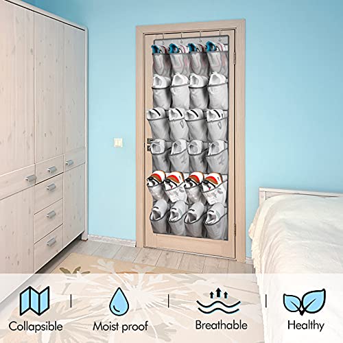 Felibeaco 2 Pack Over The Door Shoes Organizers, Behind Door Shoes Hang Holder Rack with 48 Mesh Large Pockets, Clear Fabric Shoes Hanger Storage Organizer Bag for Bedroom,Pantry,Dorm,Gray