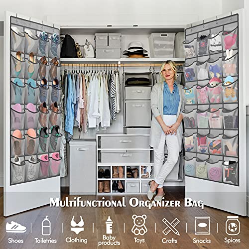 Felibeaco 2 Pack Over The Door Shoes Organizers, Behind Door Shoes Hang Holder Rack with 48 Mesh Large Pockets, Clear Fabric Shoes Hanger Storage Organizer Bag for Bedroom,Pantry,Dorm,Gray