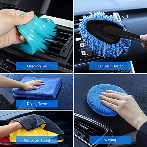 VEEAPE Car Wash Kit 14Pcs Car Detailing Kit, Car Cleaning Kit Car Accessories for Women, Car Wax Cleaning Supplies Interior Exterior Cleaner - Cleaning Gel, Car Wash Brush with Long Handle, Bucket