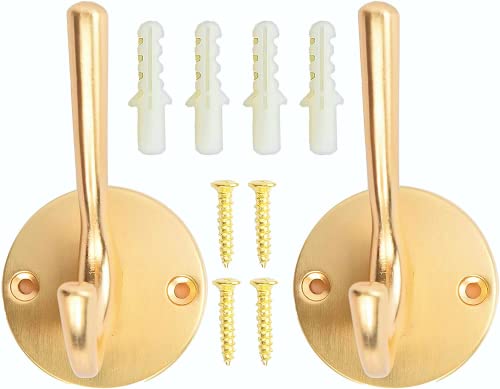 Gold Towel Hook 2 Pcs- Decorative Brass Wall Hook for Robe, Coats, Hat, Large and Small Bathroom Accessories - Single Gold Wall Hook - Gold Coat Hooks Includes Metal Hanging Hardware