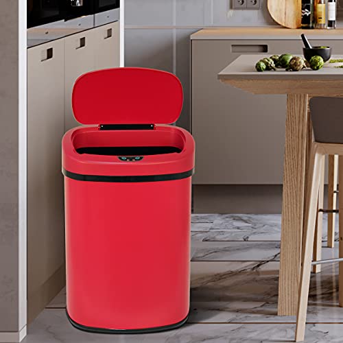 Hudada 13 Gallon Automatic Trash Can Kitchen Garbage Can with Lid Automatic Touchless Infrared Motion Sensor Stainless Steel Trash Can for Kitchen Home Office Living Room Bedroom (Red)