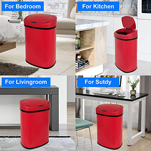 Hudada 13 Gallon Automatic Trash Can Kitchen Garbage Can with Lid Automatic Touchless Infrared Motion Sensor Stainless Steel Trash Can for Kitchen Home Office Living Room Bedroom (Red)