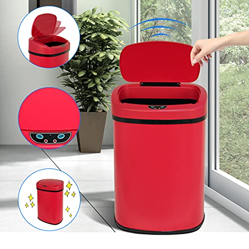 Hudada 13 Gallon Automatic Trash Can Kitchen Garbage Can with Lid Automatic Touchless Infrared Motion Sensor Stainless Steel Trash Can for Kitchen Home Office Living Room Bedroom (Red)