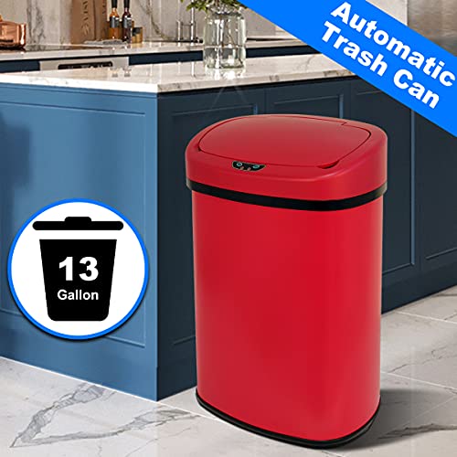 Hudada 13 Gallon Automatic Trash Can Kitchen Garbage Can with Lid Automatic Touchless Infrared Motion Sensor Stainless Steel Trash Can for Kitchen Home Office Living Room Bedroom (Red)