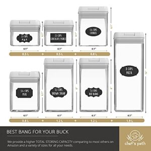 Chef's Path Airtight Food Containers with Easy Lock Lids - 7 PC BPA Free Plastic Containers for Kitchen Pantry Organization and Storage, Ideal for Cereal, Sugar & Dry Food - Accessories Included