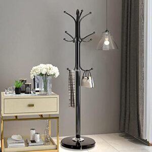 Kertnic Metal Coat Rack Stand with Natural Marble Base, Free Standing Hall Tree with 12 Hooks for Hanging Scarf, Bag, Jacket, Home Entry-way Hat Hanger Organizer (Black)