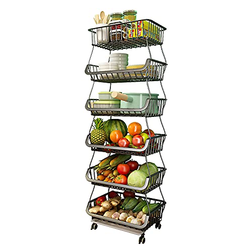 6 Tier Fruit Vegetable Storage Basket, Stackable Metal Wire Basket with Wheels, Fruit and Vegatable Storage Cart, Potato and Onion Storage Bin for Kitchen, Bathroom, Bedroom