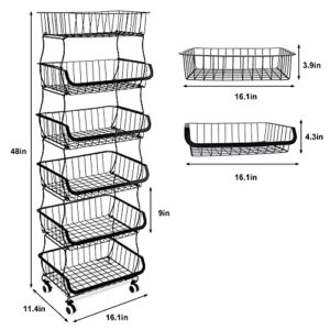 6 Tier Fruit Vegetable Storage Basket, Stackable Metal Wire Basket with Wheels, Fruit and Vegatable Storage Cart, Potato and Onion Storage Bin for Kitchen, Bathroom, Bedroom