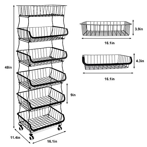 6 Tier Fruit Vegetable Storage Basket, Stackable Metal Wire Basket with Wheels, Fruit and Vegatable Storage Cart, Potato and Onion Storage Bin for Kitchen, Bathroom, Bedroom